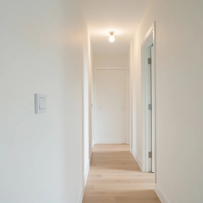 Deux interrupteurs va-et-vient encastrés de part et d&rsquo;autre d&rsquo;un couloir clair