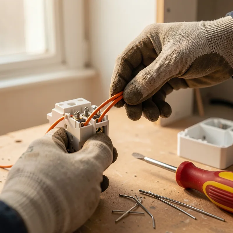 Mains gantées raccordant deux fils navettes orange sur un mécanisme va-et-vient