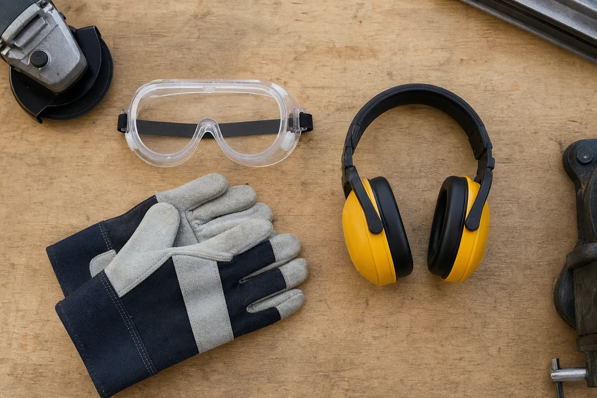 Équipement de protection individuelle pour meuleuse posé sur un établi, lunettes et gants