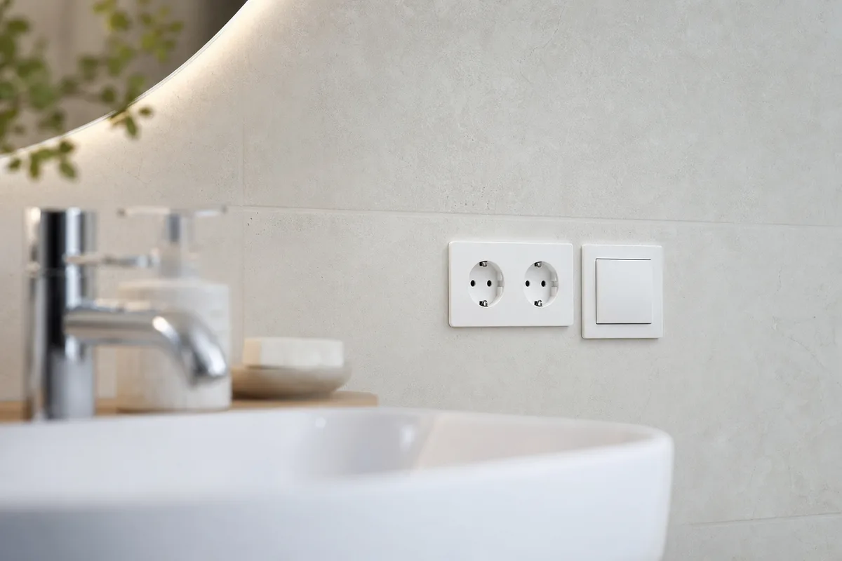 Prises et interrupteur installés à bonne distance du lavabo dans une salle d eau moderne