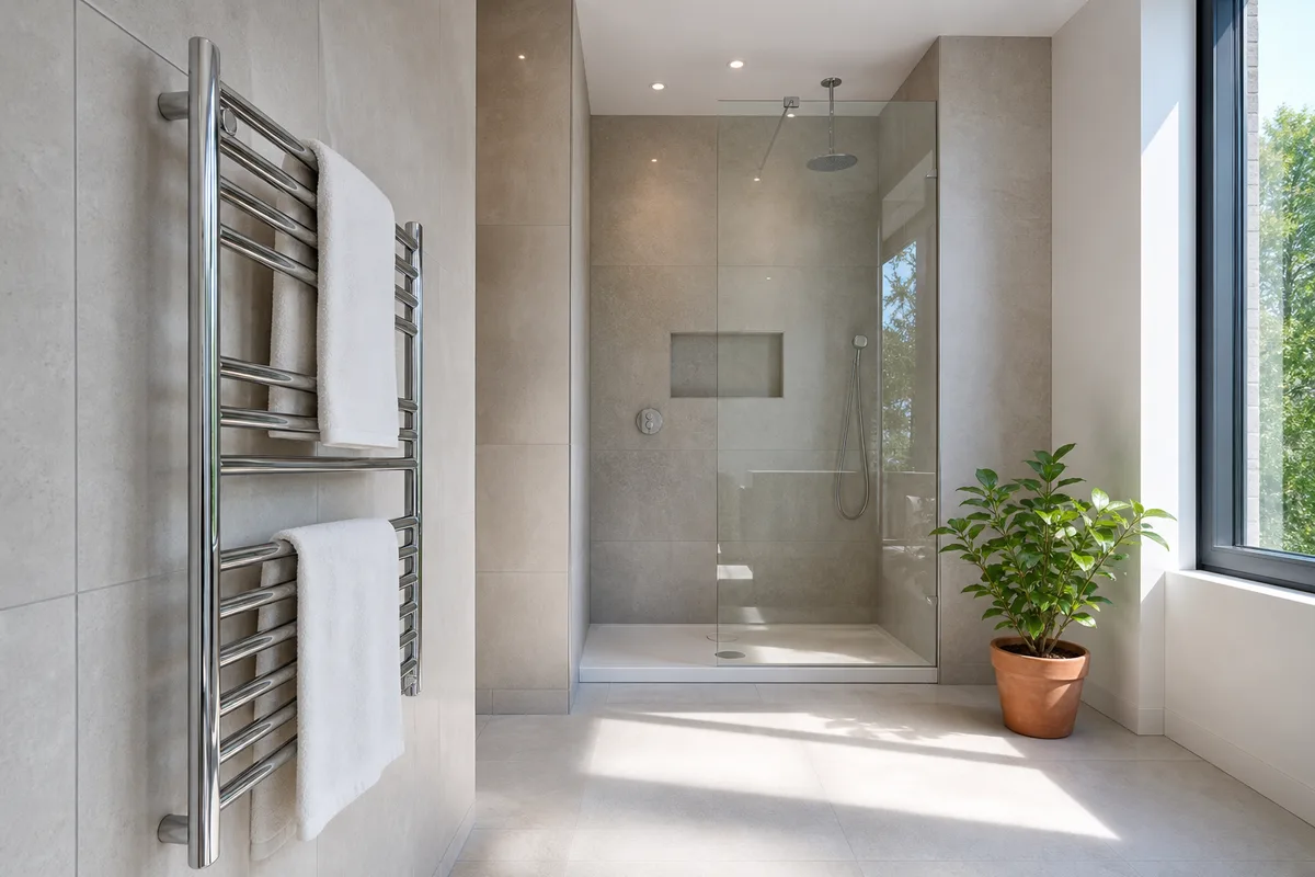Salle de bain rénovée avec sèche-serviettes et éclairage conformes aux volumes de sécurité
