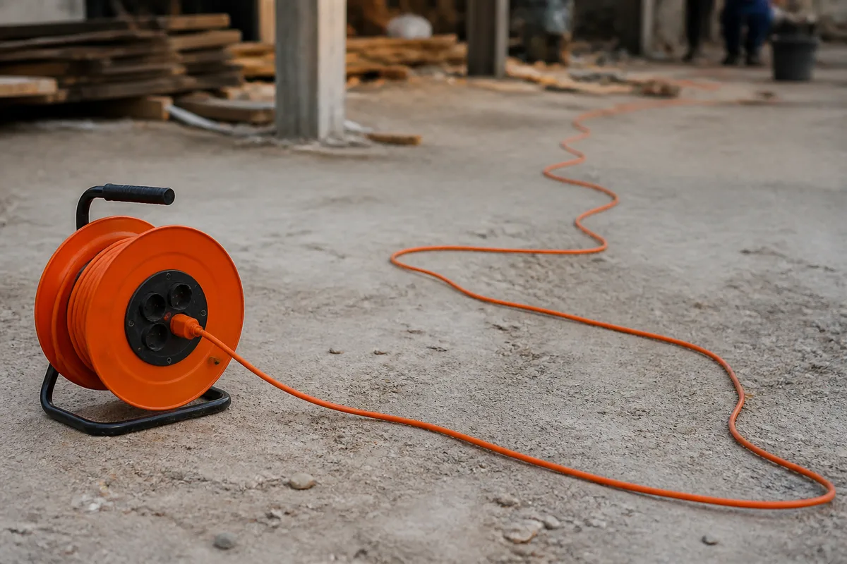 Enrouleur de chantier orange entièrement déroulé sur un sol de chantier